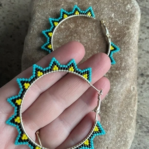 Turquoise and Yellow Sunburst  2” Beaded Hoops, New, Handmade by Me - Picture 8 of 9